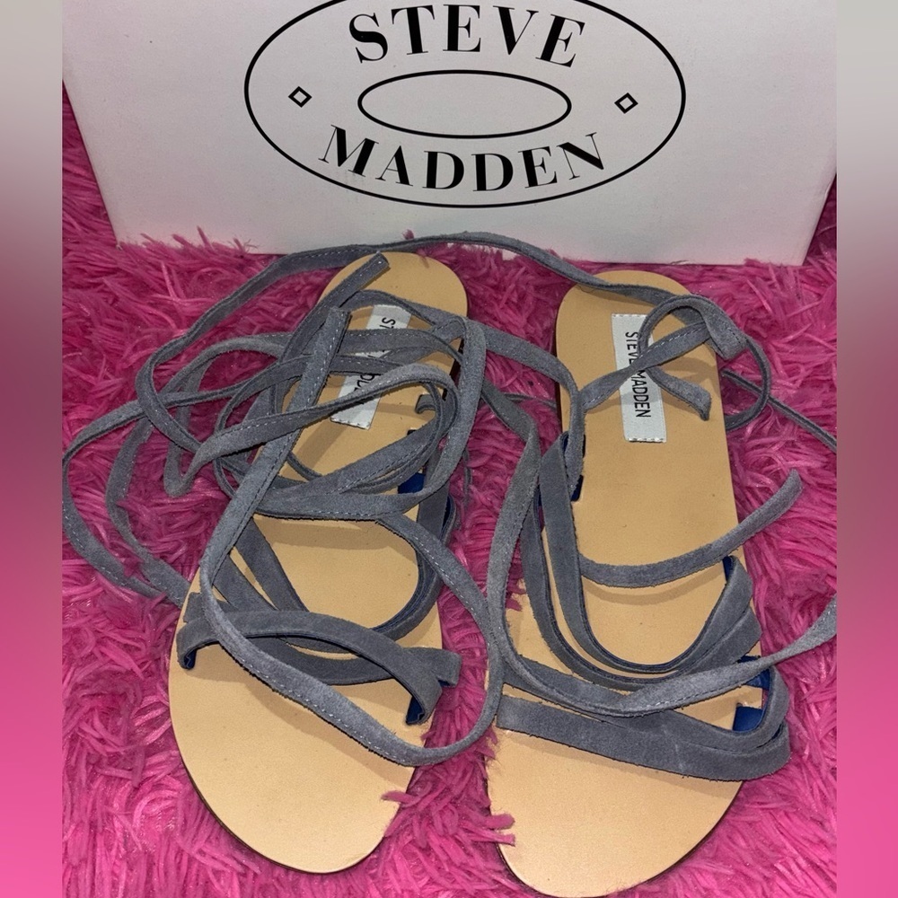 Steve Madden Suede Open Toe Ankle Tie Up Blue Sandals Women Size 9 - Picture 2 of 7